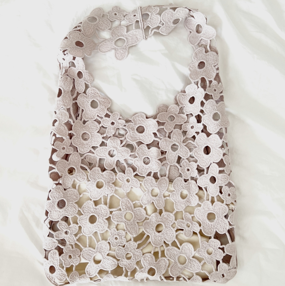 Floral Crochet Tote Bag Light Beige